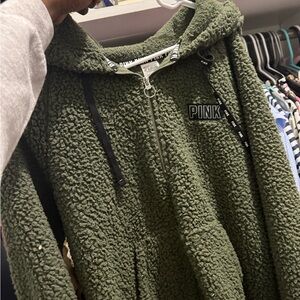 PINK Victoria's Secret Green Sherpa Hoodie